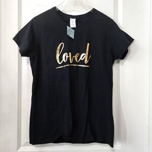 Gildan‎ Womens T-Shirt Loved Gold Graphic Black Cotton Casual Tee Size L